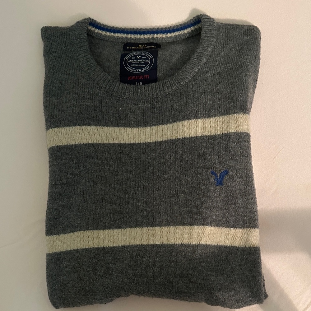 American Eagle Gray Sweater with Cream Stripes